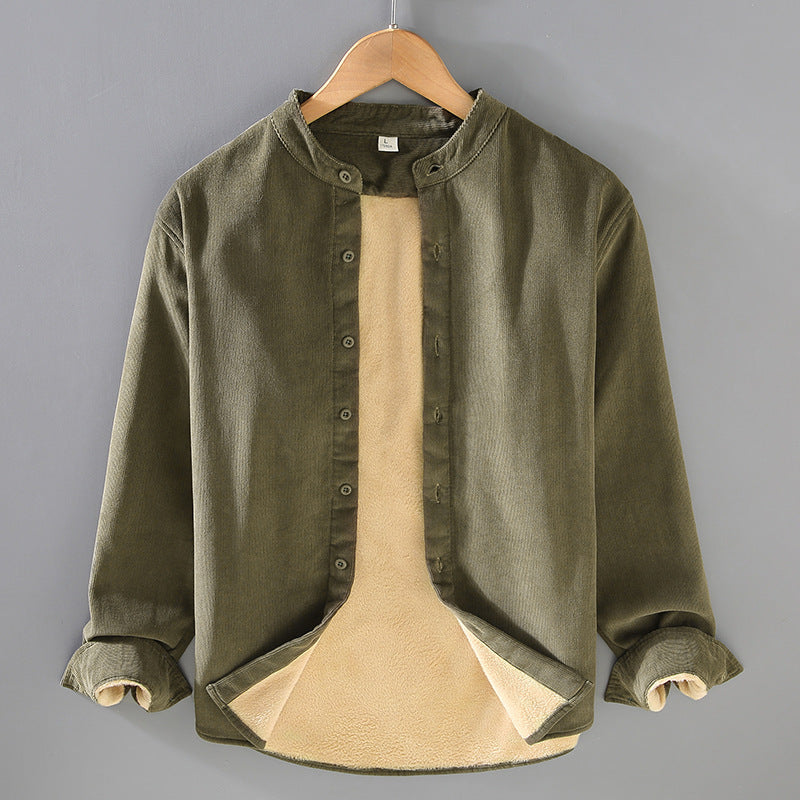 Flannel-lined Thick Warm Corduroy Small Stand-collar Shirt Jacket