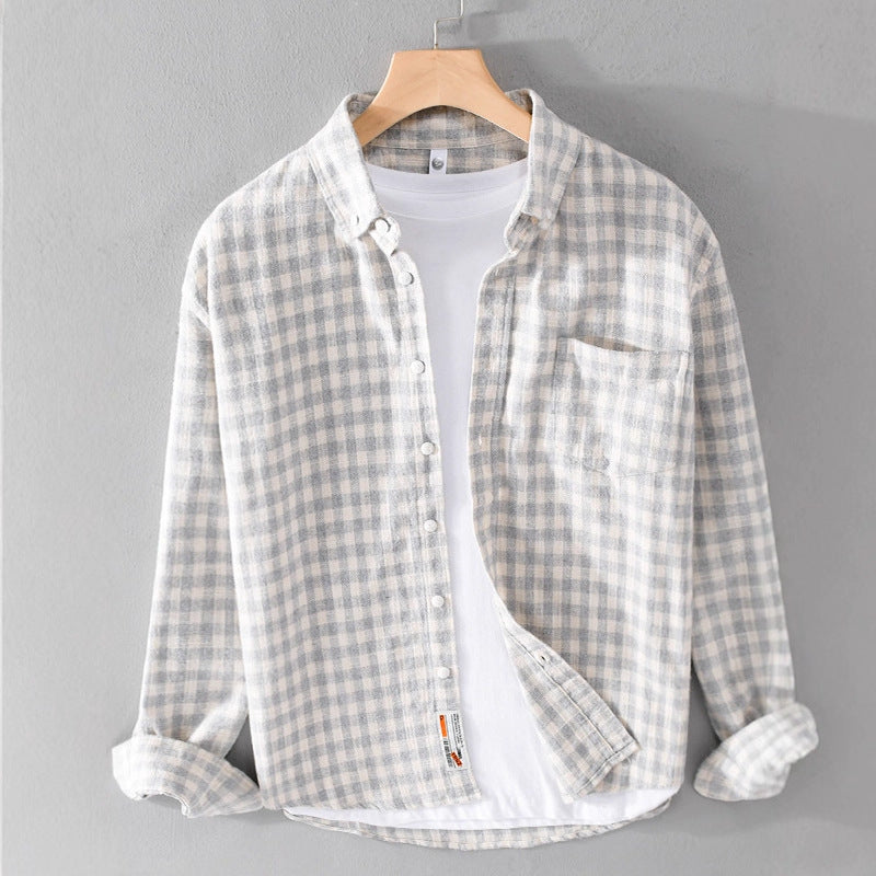 Springautumn Japanese-style Mens Plaid Shirt With Long Sleevescasual And Versatile