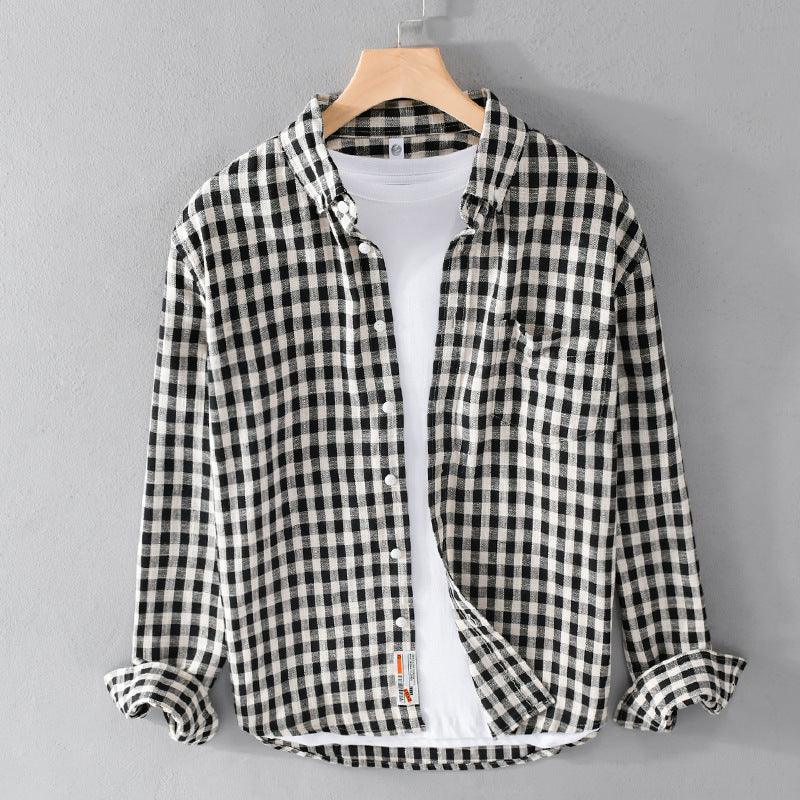 Springautumn Japanese-style Mens Plaid Shirt With Long Sleevescasual And Versatile