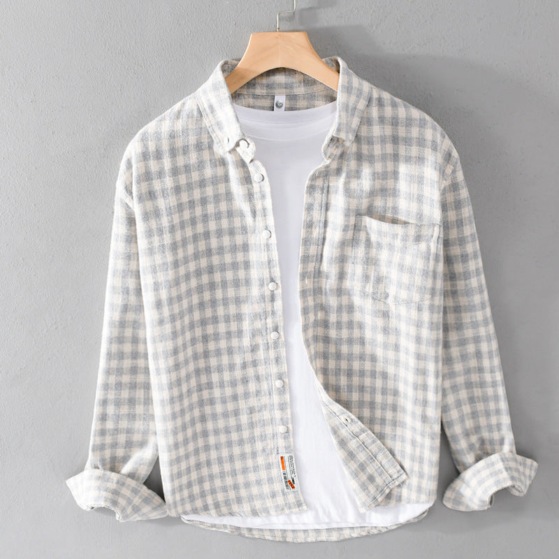 Springautumn Japanese-style Mens Plaid Shirt With Long Sleevescasual And Versatile