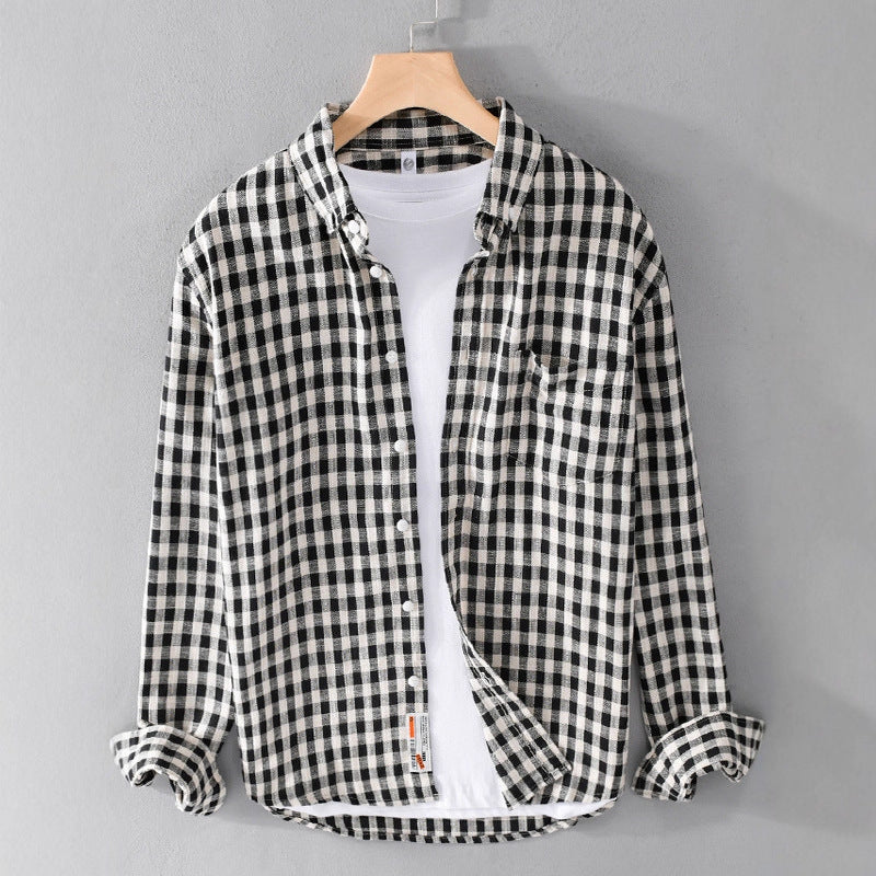 Springautumn Japanese-style Mens Plaid Shirt With Long Sleevescasual And Versatile