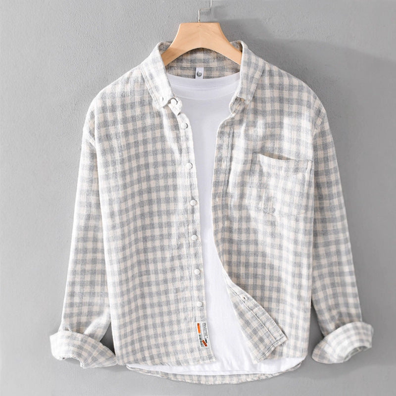 Springautumn Japanese-style Mens Plaid Shirt With Long Sleevescasual And Versatile